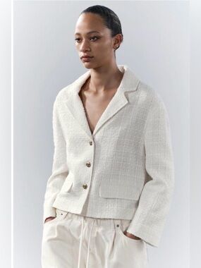 ZARA ZW Collection White Textured Tweed Blazer Cotton Jacket Size Small